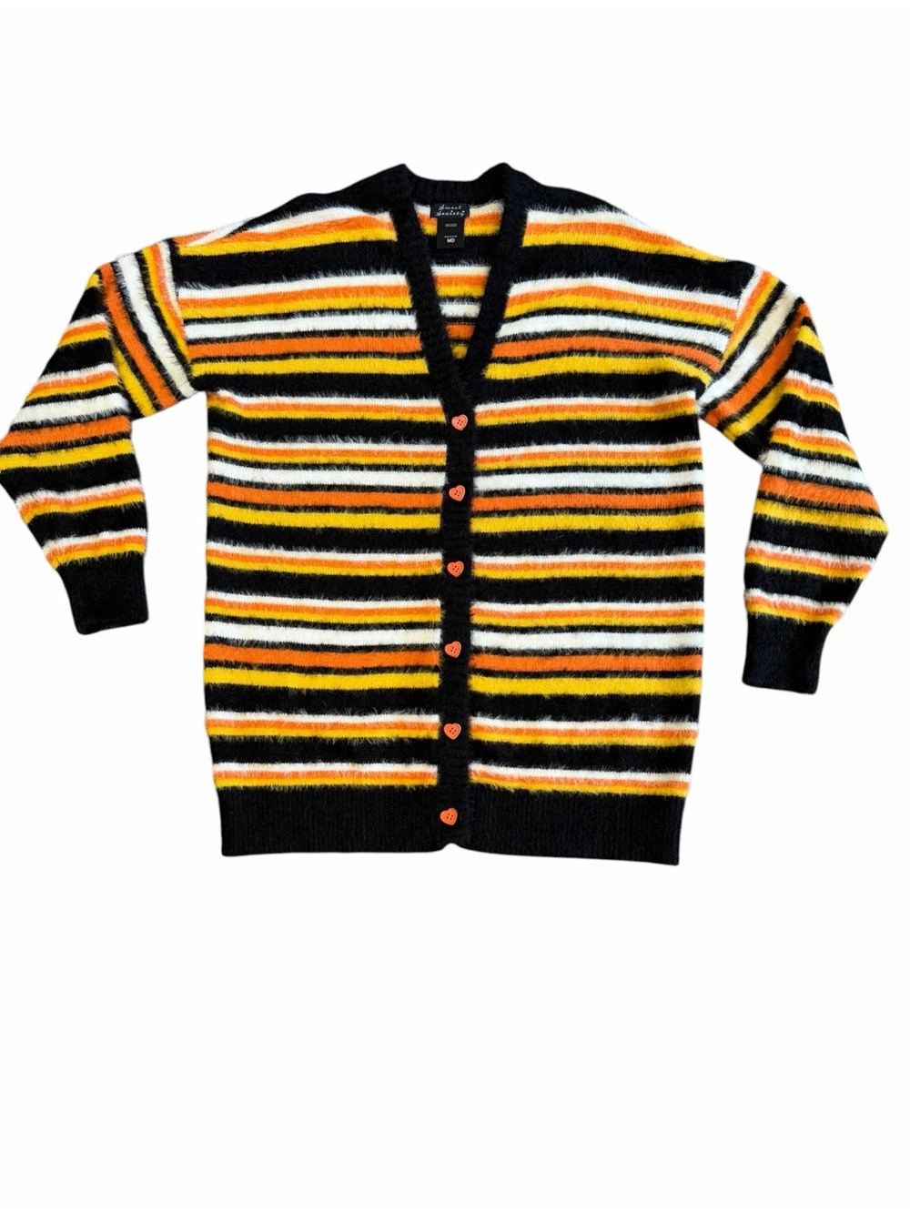Sweet Society Candy Corn Stripe Fuzzy Cardigan Medium Halloween Heart Buttons